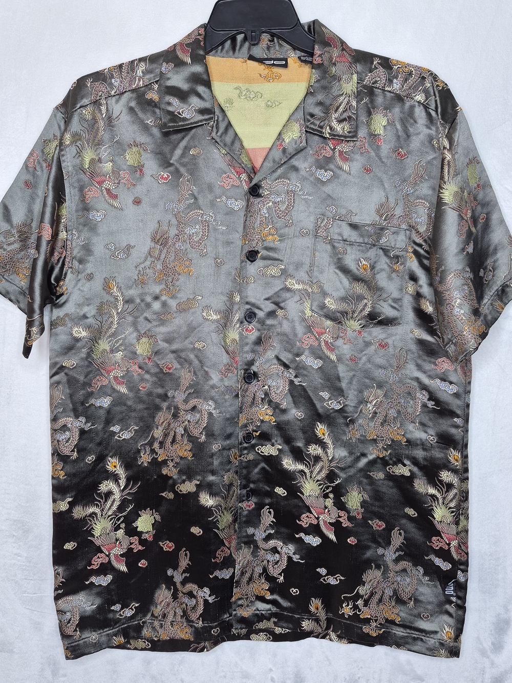 Vintage Y2K ODO Dragon Embroidered Satin Short Sleeve Button Shirt Mens Large